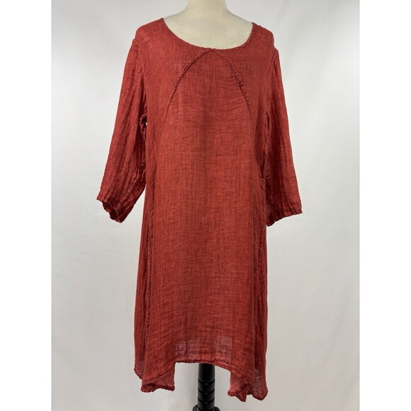 Flax Linen Dress Tunic Brick Red Size Medium Flowy Lagenlook Lightweight Natural - Picture 1 of 9